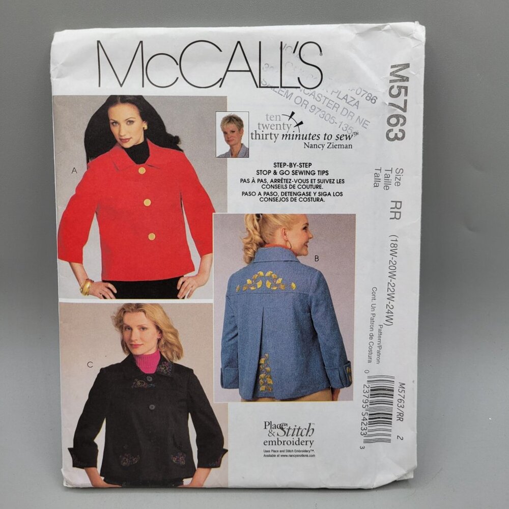 McCalls M5763 Womens Jacket Sewing Pattern 18W-24W Place Stitch Embroidery Uncut